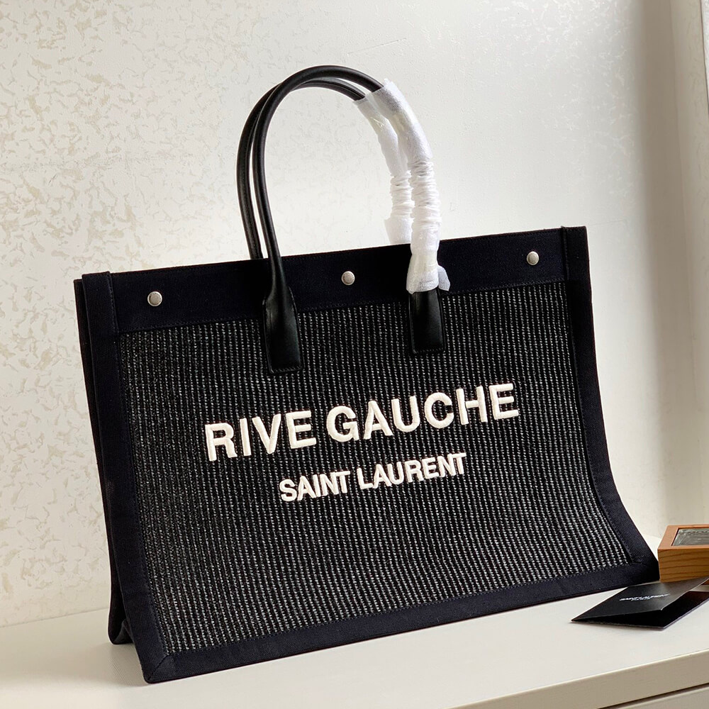RIVE GAUCHE LARGE TOTE BAG IN EMBROIDERED RAFFIA AND LEATHER