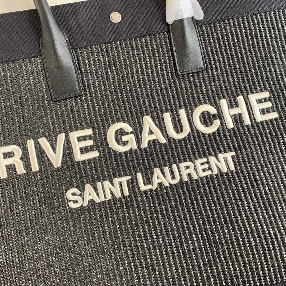 RIVE GAUCHE LARGE TOTE BAG IN EMBROIDERED RAFFIA AND LEATHER