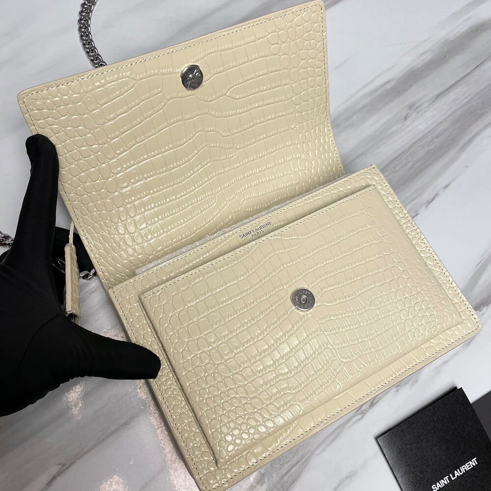SUNSET MEDIUM CHAIN BAG IN CROCODILE-EMBOSSED SHINY LEATHER