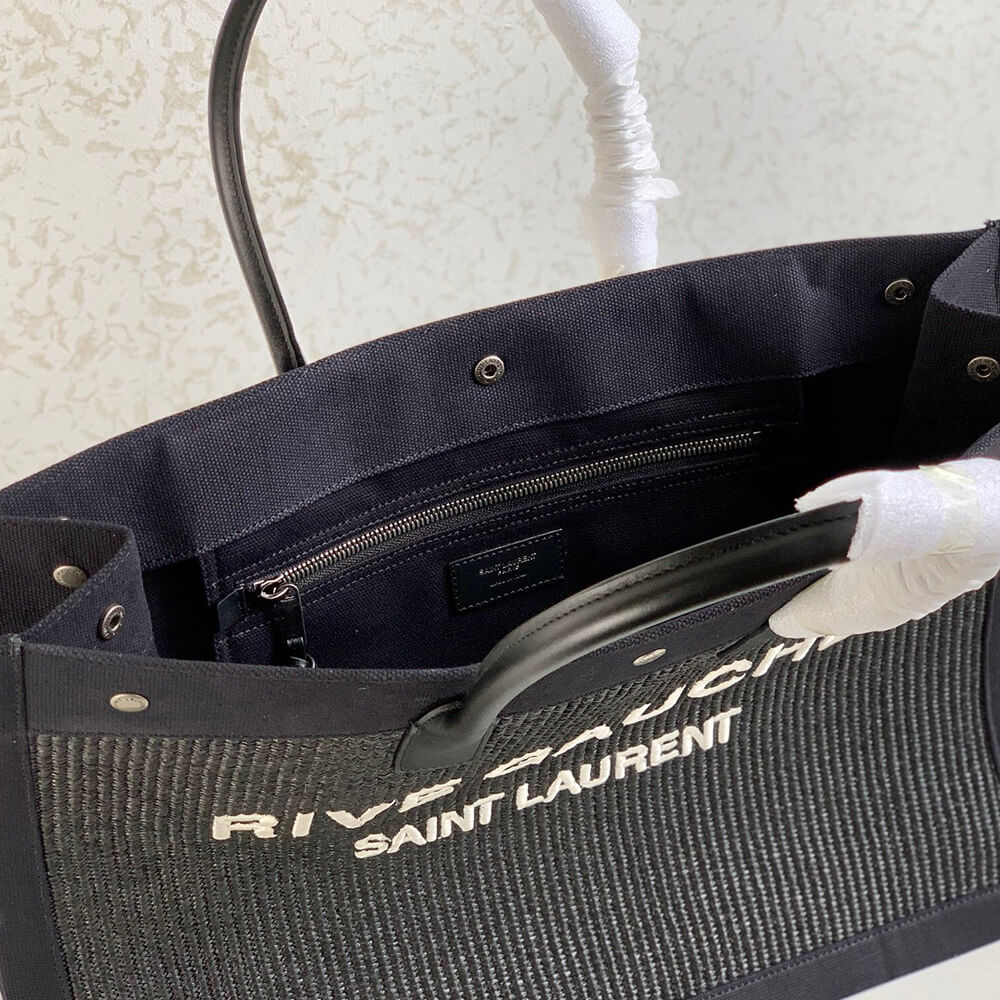 RIVE GAUCHE LARGE TOTE BAG IN EMBROIDERED RAFFIA AND LEATHER